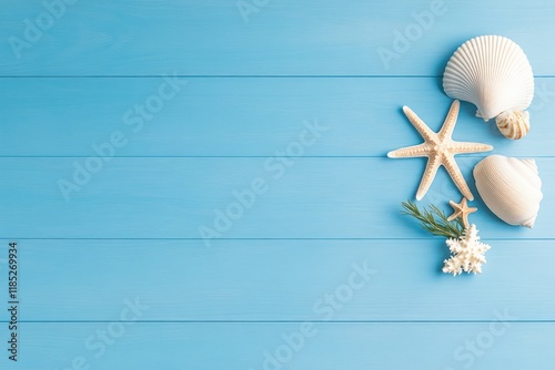 Seashell and Starfish on Blue Plank - Coastal Decor, Beach Theme, Nautical Design, Oceanic Beauty, Marine Life, Seaside Charm, Summer Vibes, Relaxing Scene, Seashore Elements, Natural Texture. photo