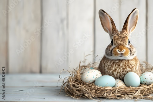 Adorable brown rabbit sitting in a nest with decorative pastel eggs on a rustic wooden background, perfect for Easter themed celebrations and spring festivities photo