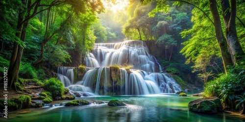 Double Exposure Waterfall Forest Photography: Magical Nature Scene, Mystical Forest, Cascade, Lush Greenery