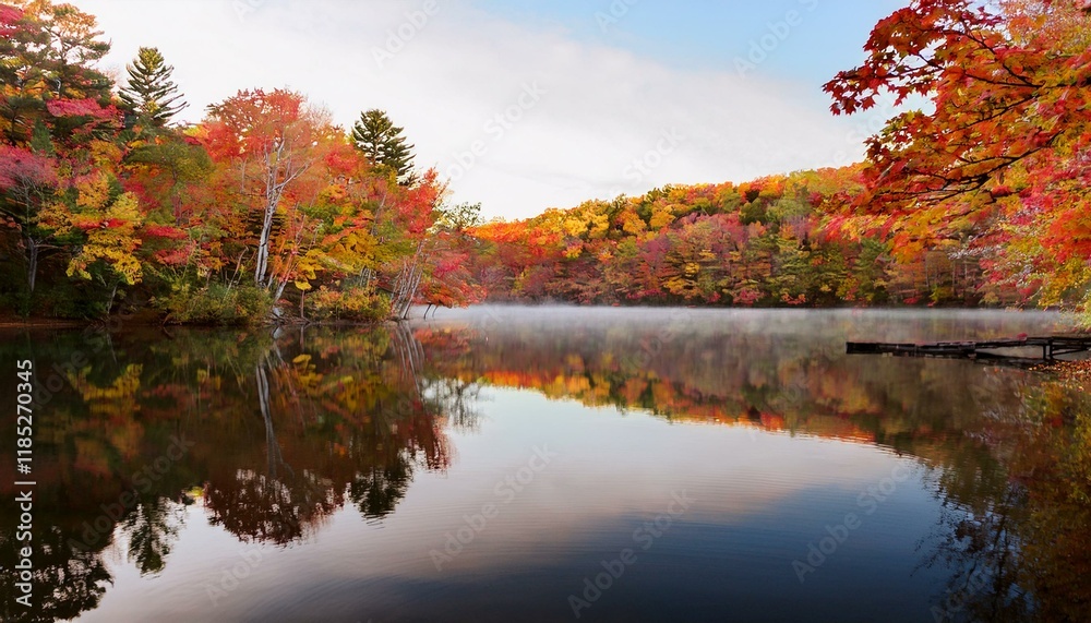 Misty morning on a serene lake, surrounded by vibrant autumn foliage. Misty morning on a serene lake, surrounded by vibrant autumn foliage.