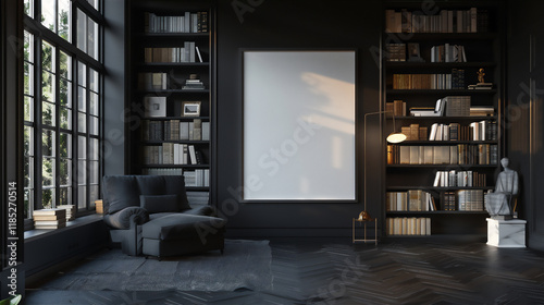 Library room with blank photo frame on the wall, version 38