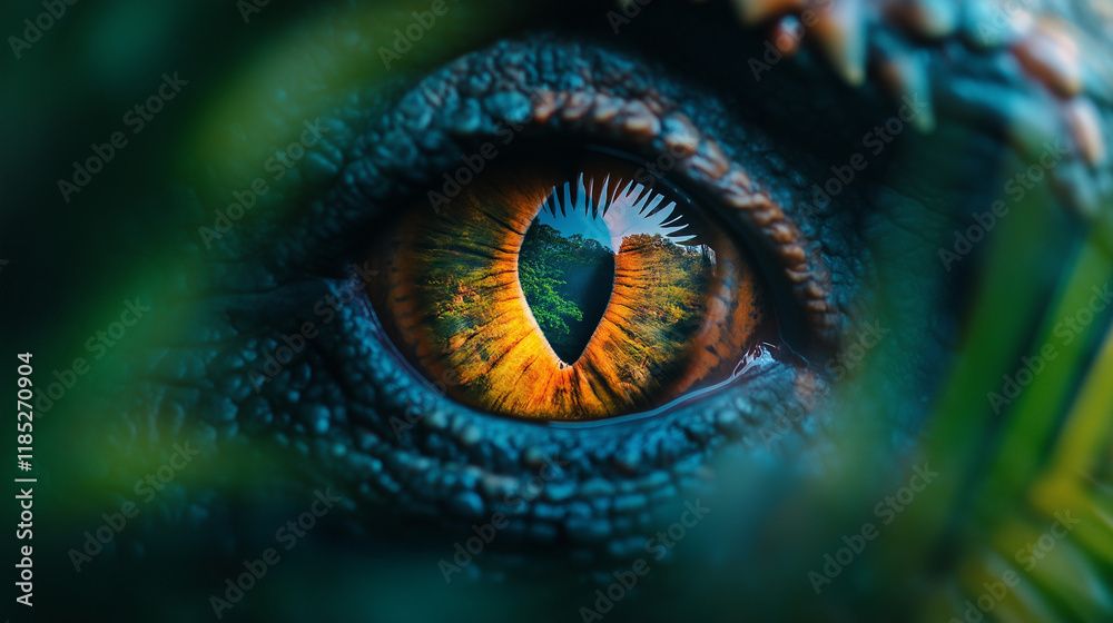 Obraz premium Dragon's Eye: A close-up of a dragon's golden eye, reflecting the world around it with an ancient wisdom and a hint of danger.