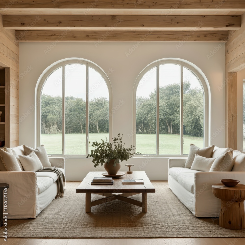 Luxurious rustic living room, panoramic mountain view, exposed wooden beams, stone fireplace, cozy white sofas, natural textures, earth tones, large windows, modern minimalist decor, open concept desi Luxurious rustic living room, panoramic mountain view, exposed wooden beams, stone fireplace, cozy white sofas, natural textures, earth tones, large windows, modern minimalist decor, open concept desi