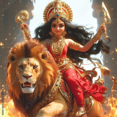 Colorful Goddess Durga Riding Lion in Vibrant Red Attire with Intricate Jewelry photo