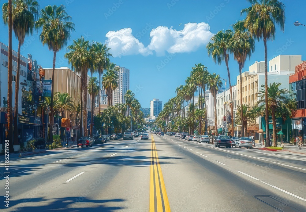 Santa Monica Street Scene with Palm Trees Modern Buildings and Bright Sunshine Santa Monica Street Scene with Palm Trees Modern Buildings and Bright Sunshine