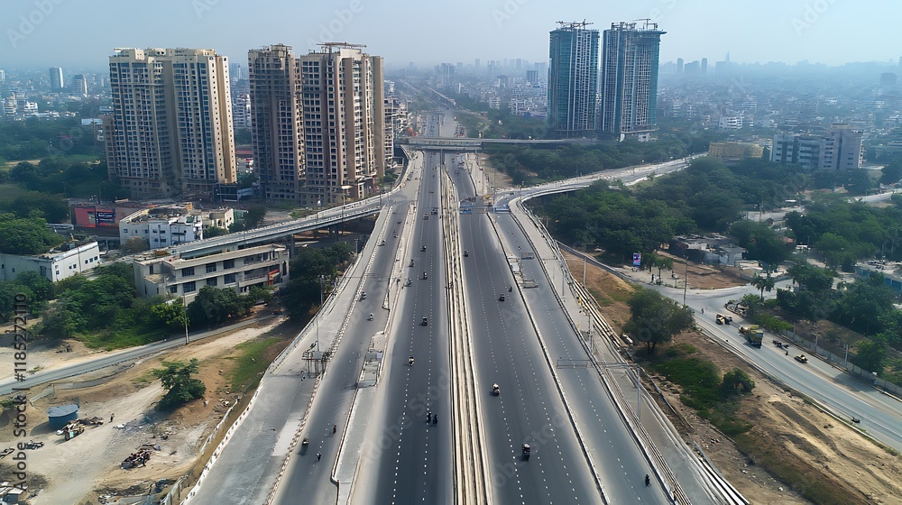 Fototapeta premium Expressway with vehicle on blue sky background