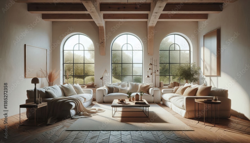 Luxurious rustic living room, panoramic mountain view, exposed wooden beams, stone fireplace, cozy white sofas, natural textures, earth tones, large windows, modern minimalist decor, open concept desi Luxurious rustic living room, panoramic mountain view, exposed wooden beams, stone fireplace, cozy white sofas, natural textures, earth tones, large windows, modern minimalist decor, open concept desi