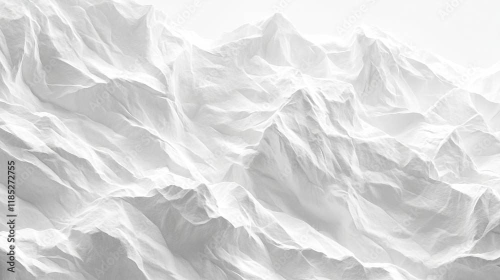 Fototapeta premium Wave style, White crumpled paper mountain range, close-up, high resolution, white background