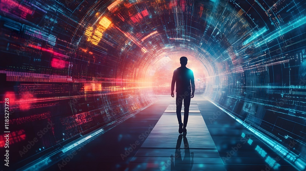 A lone figure walks through a digital data tunnel A lone figure walks through a digital data tunnel