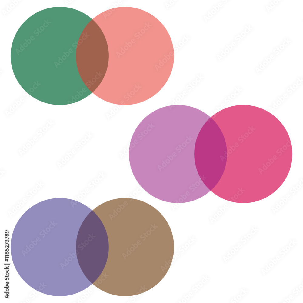 Overlapping circle shapes. Pink, green, purple, blue. Venn diagram style. Vector illustration. Overlapping circle shapes. Pink, green, purple, blue. Venn diagram style. Vector illustration.