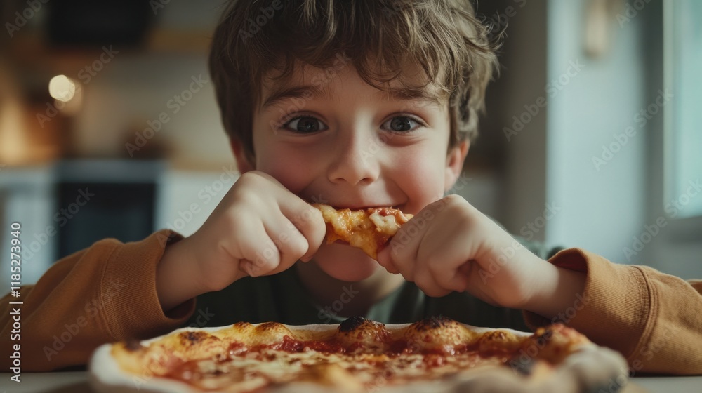 Pizza Paradise: A close-up portrait of a cheerful young boy enjoying a delicious slice of pizza, capturing the pure joy and satisfaction of a simple pleasure. Pizza Paradise: A close-up portrait of a cheerful young boy enjoying a delicious slice of pizza, capturing the pure joy and satisfaction of a simple pleasure.
