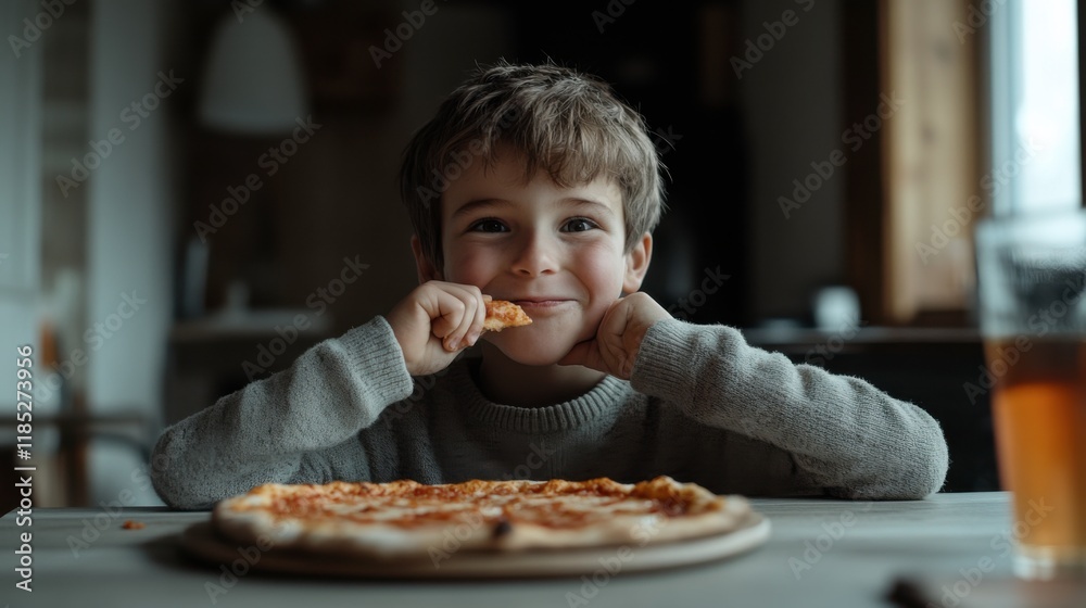 Pizza Time Delight: A happy child enjoys a delicious pizza, his joyful expression and messy fingers showcasing pure, unadulterated enjoyment of a simple pleasure. Pizza Time Delight: A happy child enjoys a delicious pizza, his joyful expression and messy fingers showcasing pure, unadulterated enjoyment of a simple pleasure.