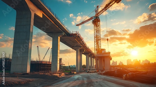 Highway construction site with cranes and building under blue sky.