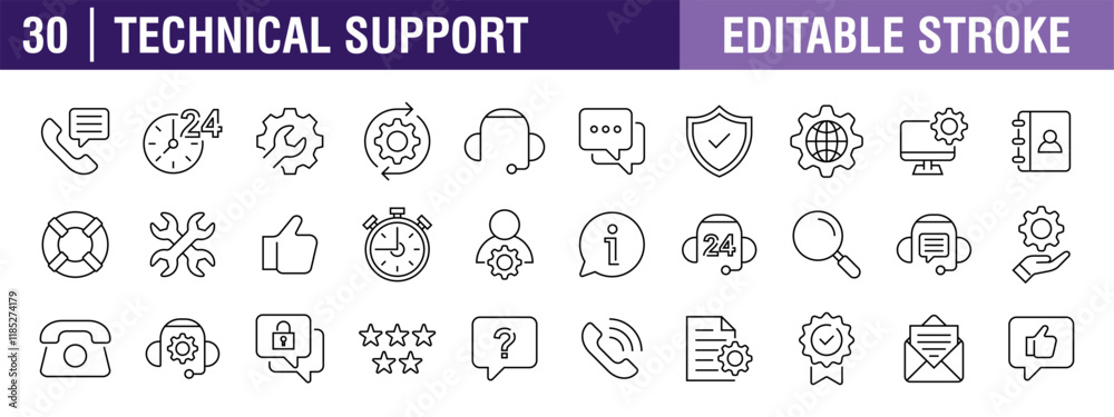 Collection of technical support icons. Help, complaints, customer service. Vector design template, signs, symbols, editable stroke.