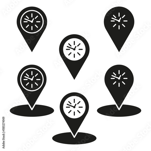 Clock location icon. Time pin symbol. Map marker clock. Black simple shape.