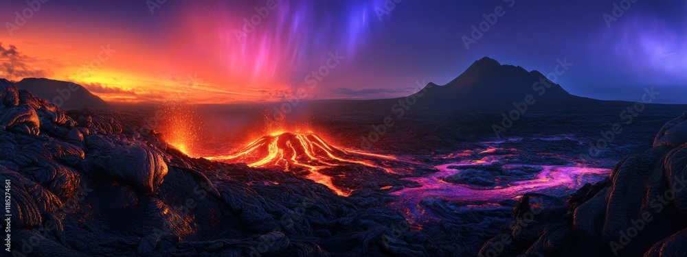 Fototapeta premium An extraordinary perspective of a remote volcanic island with a glowing lava dome and a rare, deep purple aurora australis casting an ethereal light over the volcanic landscape, Volcanic island scene