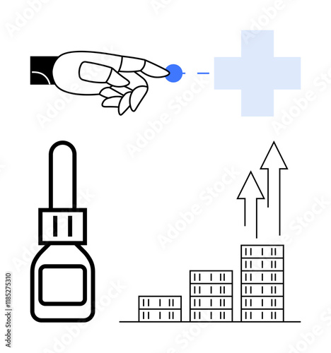 Robotic hand interacting with medical cross icon, medication dropper, and rising bar graph with arrows. Ideal for AI in healthcare, medical technology, robotics, investment, innovation, growth