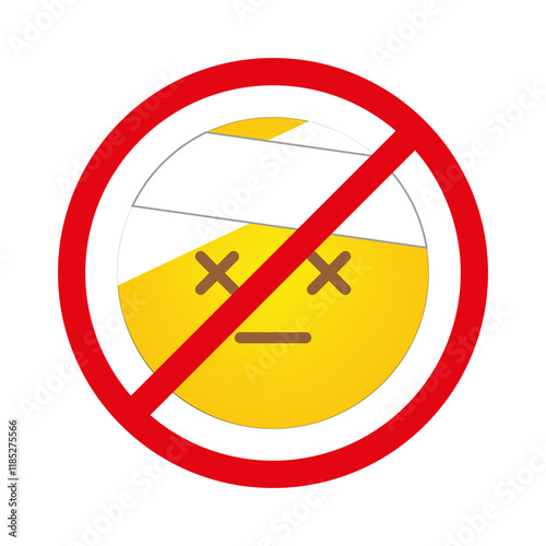 No injury emoji. Banned sad face. Crossed out injured smiley. Vector illustration.