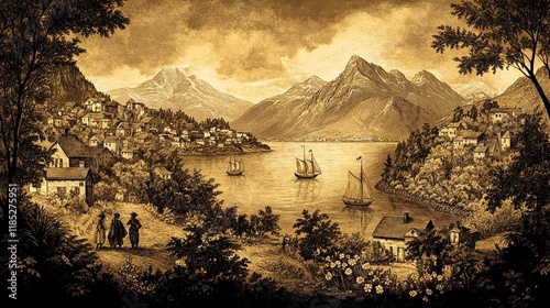 Old engraved illustration depicting a lakeside town with mountains in the background, boats on the water, and a golden color tone with a sepia background, in a detailed, vintage art style. photo