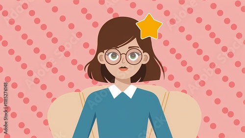 Flat art design illustration of a young woman with brown hair wearing glasses and a blue shirt, sitting in a chair with a yellow star on her head, and a pink background with white polka dots