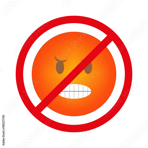 Angry emoji icon. Orange face with teeth. Crossed out anger symbol. Vector illustration.