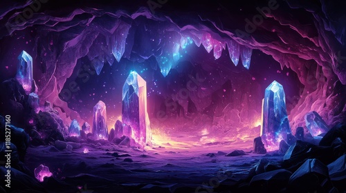 Glowing crystals illuminate a mystical cave.