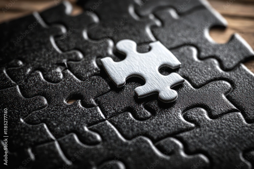 Black and White Puzzle Piece in a Minimalist Style on a Wooden Table Black and White Puzzle Piece in a Minimalist Style on a Wooden Table