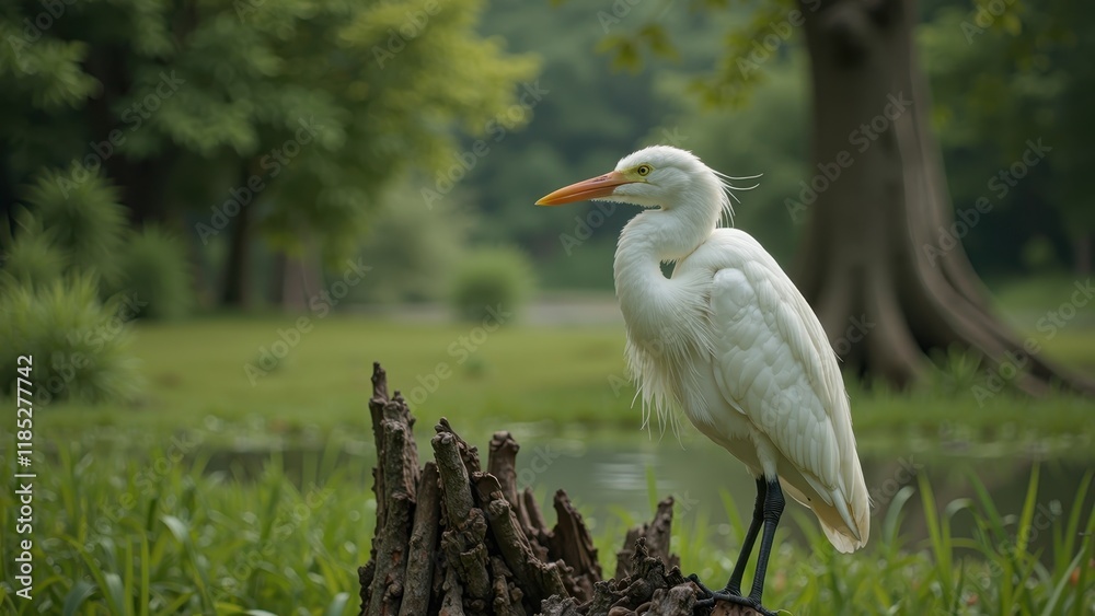 Obraz premium A majestic white egret perches atop a weathered tree stump, its bright orange beak and piercing yellow eyes scanning the surroundings as it stands tall with one leg forward