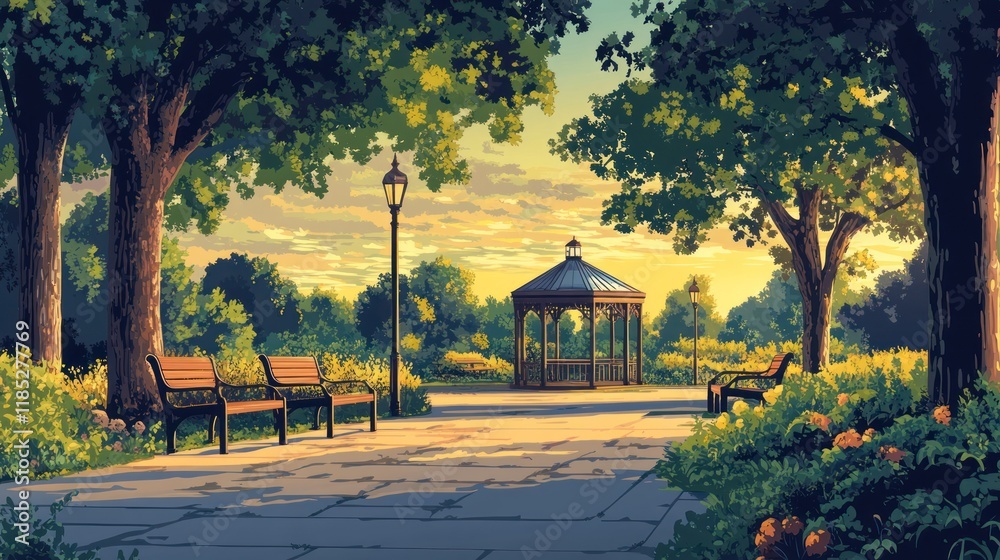 Obraz premium Serene park scene at sunrise with gazebo and benches.
