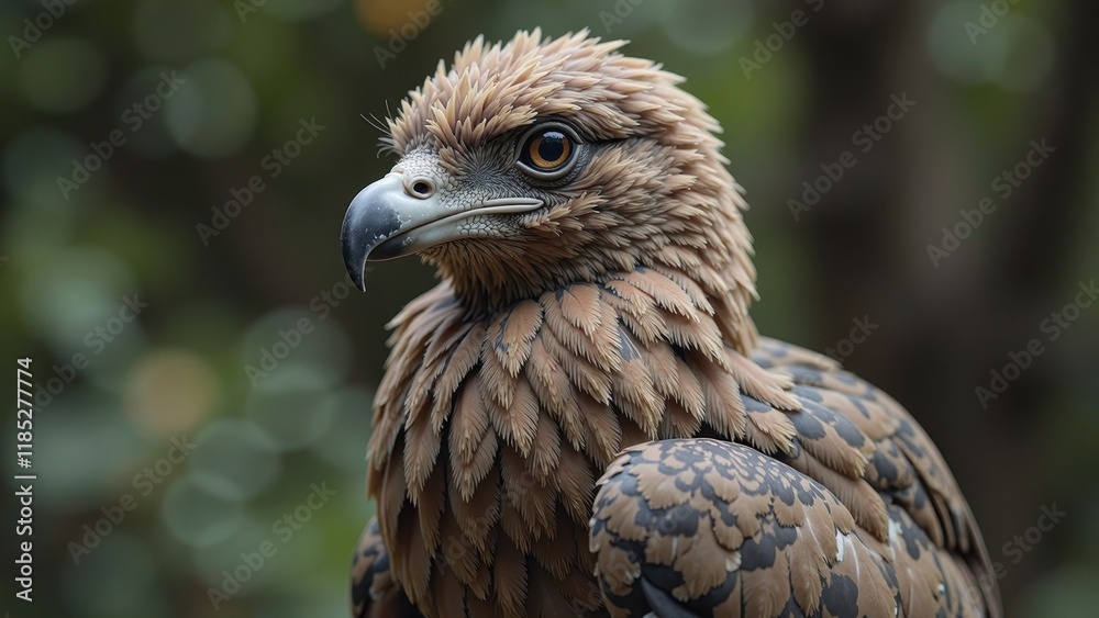 A majestic eagle gazes directly, its rich brown and sleek black feathers framing a piercing gaze amidst a soft, blurred green backdrop A majestic eagle gazes directly, its rich brown and sleek black feathers framing a piercing gaze amidst a soft, blurred green backdrop