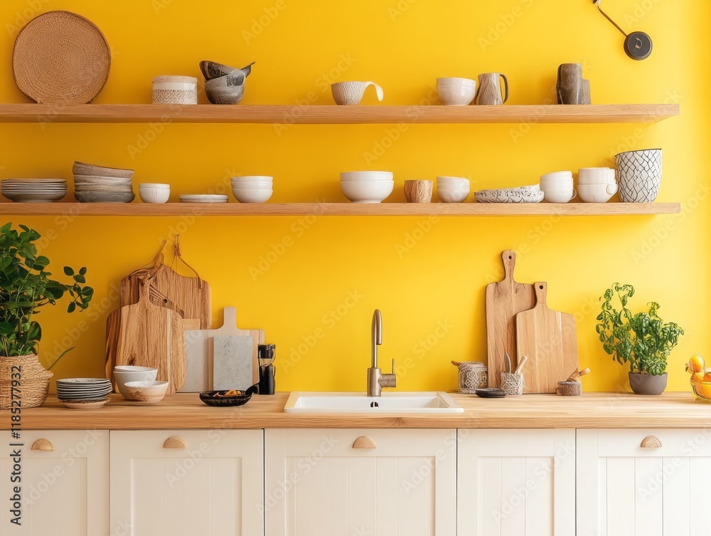 Fototapeta premium Modern Kitchen Shelving With Yellow Wall And Wooden Accents