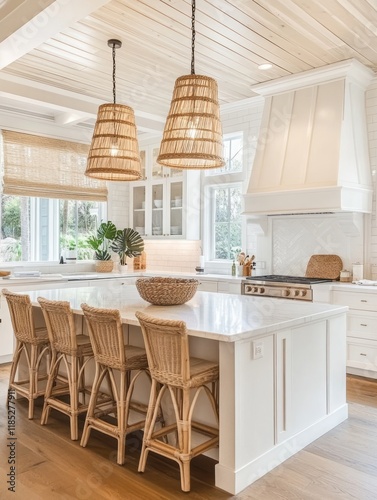 Bright White Kitchen Island with Woven Light Fixtures