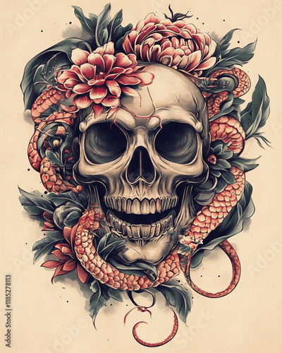 Traditional Skull surrealist illustration photo