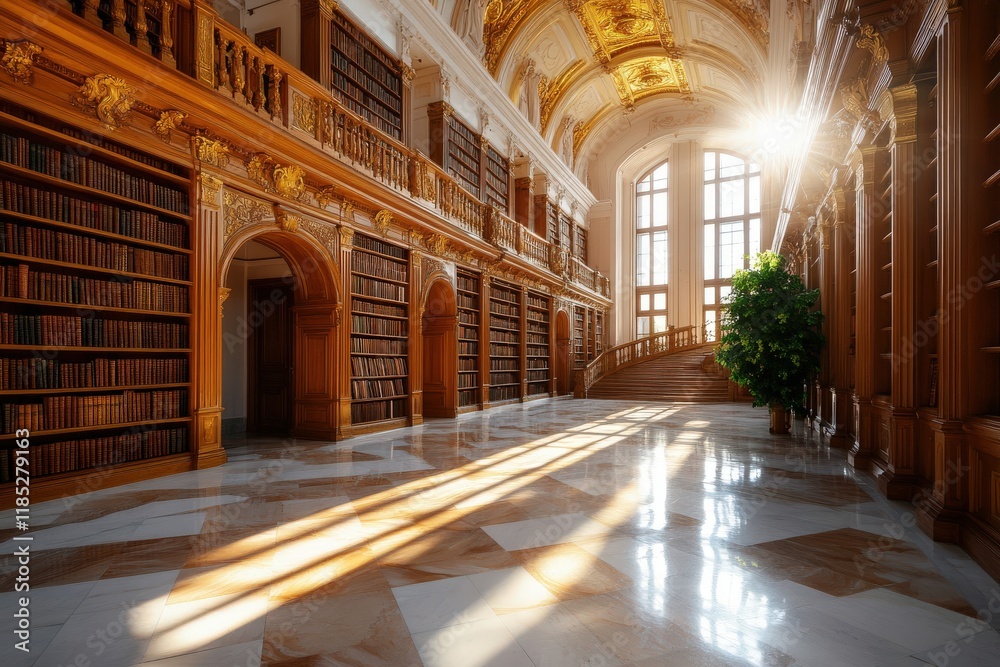 Fototapeta premium Grand baroque library interior with sunlight streaming through tall windows