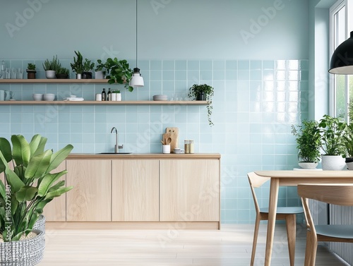 Modern Light Blue Kitchen with Wooden Cabinets and Plants