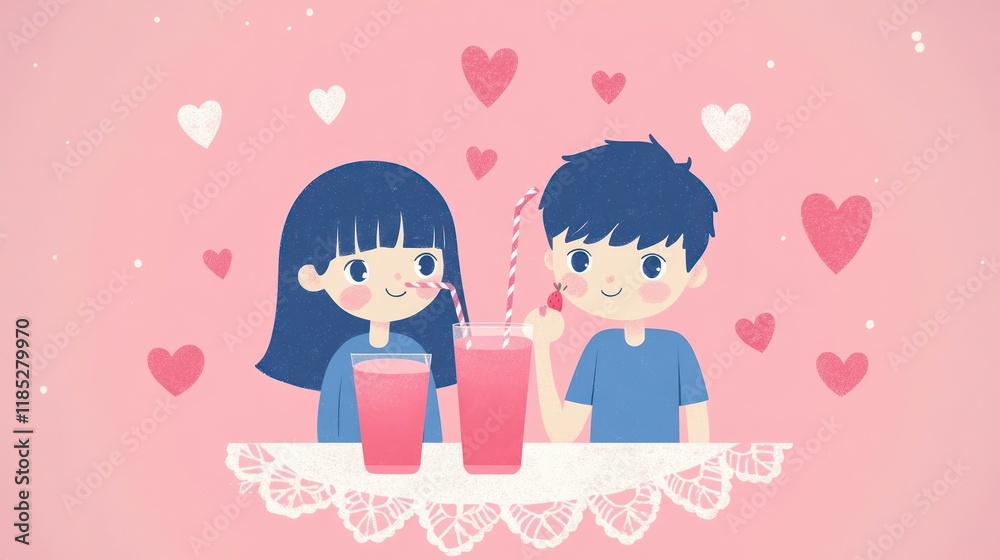Couple enjoying pink drinks, Valentine's Day, romantic date, hearts background, love illustration Couple enjoying pink drinks, Valentine's Day, romantic date, hearts background, love illustration