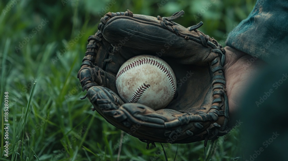 Well-worn baseball glove holding a ball in grassy field Well-worn baseball glove holding a ball in grassy field