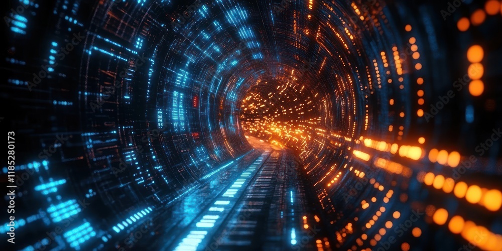 Fototapeta premium Futuristic Digital Tunnel with Glowing Data Streams and Vibrant Colors in Impressionist Style for Creative Projects