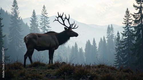 A majestic brown bull elk stands proudly on a sun-kissed hillside, its regal antlers towering above, gazing intently to the right with piercing eyes set against a vibrant green backdrop photo