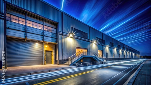 Long Exposure of a Warehouse Ramp at Night with Dynamic Light Trails and Industrial Aesthetics for Stock Photography photo