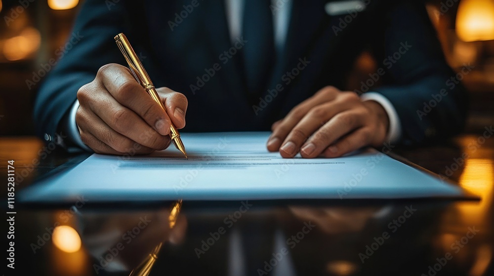 Businessman Signing Legal Agreements and Contracts with Golden Pen in Professional Office Environment Businessman Signing Legal Agreements and Contracts with Golden Pen in Professional Office Environment