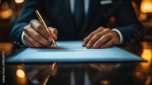 Businessman Signing Legal Agreements and Contracts with Golden Pen in Professional Office Environment