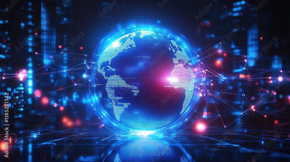 Futuristic Digital Globe with Blue Neon Lights Highlighting Global Business Connections in Cyberpunk Style Futuristic Digital Globe with Blue Neon Lights Highlighting Global Business Connections in Cyberpunk Style