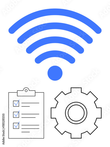 wireless signal icon, checklist with completed tasks, and a gear symbolizing planning, connectivity, and tech settings. Ideal for productivity, network setup, project management, automation