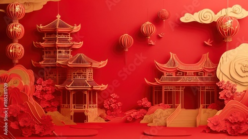 Wallpaper Mural Paper crafts of asian buildings with lanterns, and clouds on a red background Torontodigital.ca