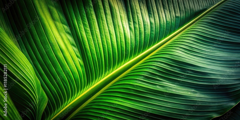 Fototapeta premium Low Light Banana Leaf Closeup Photography - Macro Shot, Tropical Plant Texture, Dark Green Foliage, Night Photography