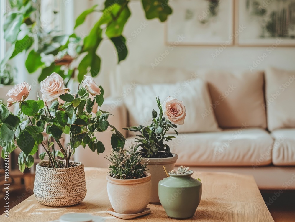 Fototapeta premium Roses and plants arranged on a wooden coffee table