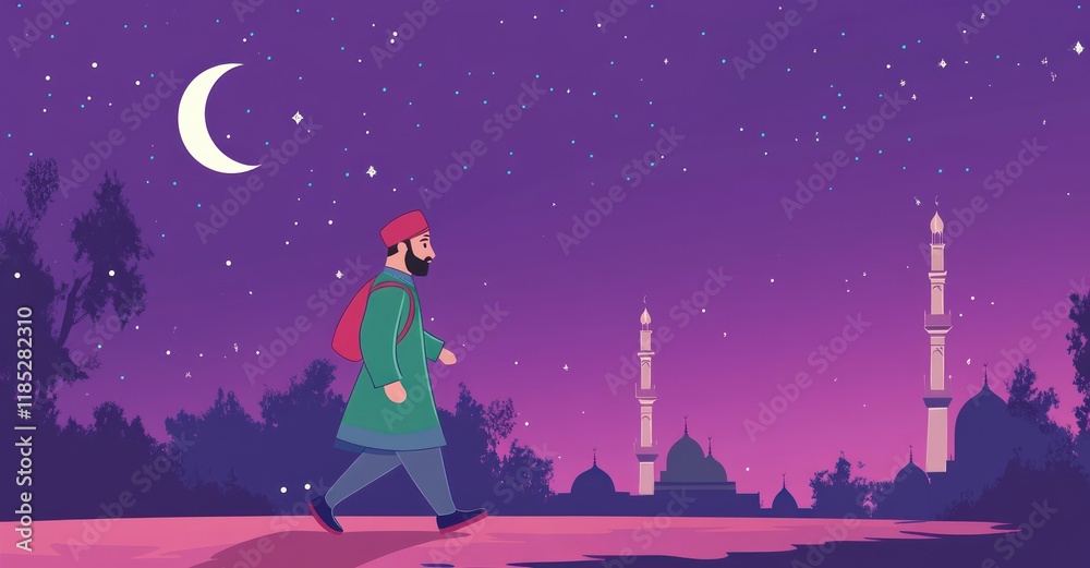 Fototapeta premium Nighttime pilgrim walks towards mosque under crescent moon