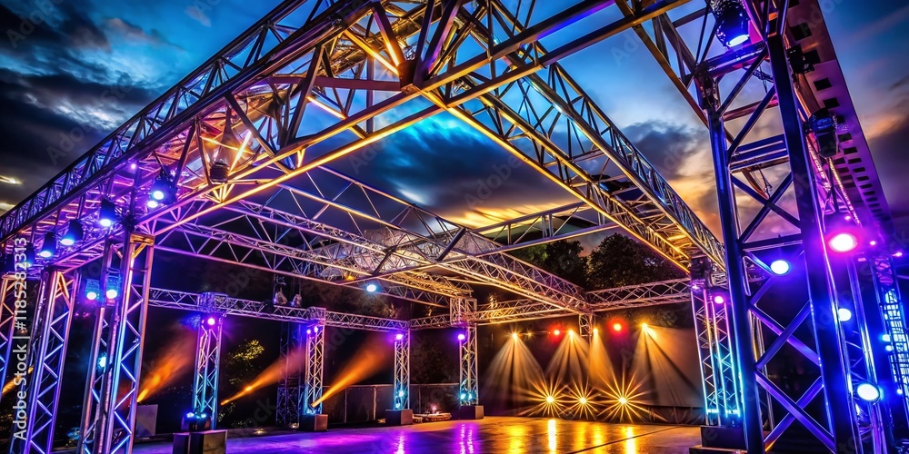 Low Light Outdoor Lighting Truss Structure at Night, Stage Setup, Event Lighting Rig Low Light Outdoor Lighting Truss Structure at Night, Stage Setup, Event Lighting Rig