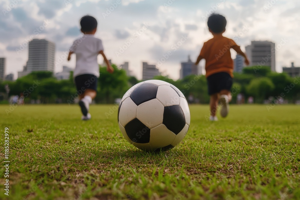 Two young boys playing soccer on grass field in urban park Two young boys playing soccer on grass field in urban park